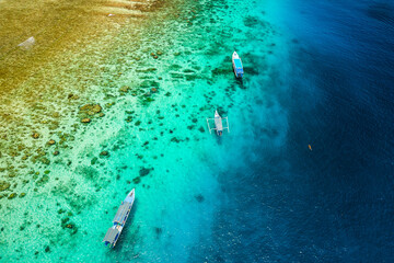 Tourist boats over a tropical coral reef at low tide on the coast of a small tropical island (Gili...