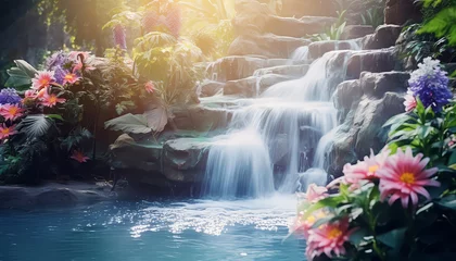 Fotobehang Spring waterfall with flowers beautiful landscape © terra.incognita
