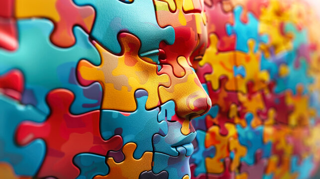 A detailed close-up of a human head made entirely out of interconnected puzzle pieces