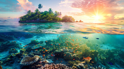 A coral reef stretches underwater with a small tropical island in the distance