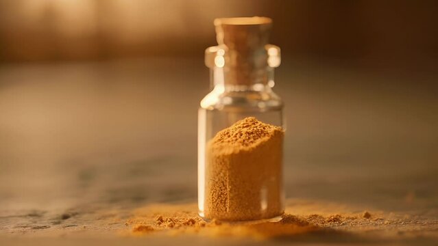 Closeup of a small bottle filled with potent goldenhued turmeric powder widely recognized in Chinese medicine for its powerful antiinflammatory and painrelieving effects.