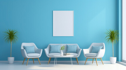 A chic meeting area in vibrant sky blue shades, highlighting an empty white frame against a backdrop of clean, modern aesthetics.