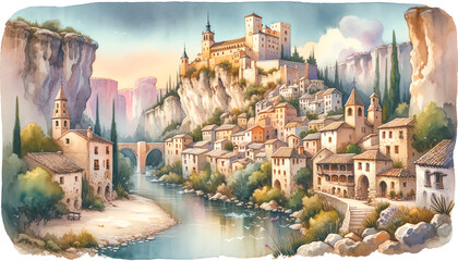 Watercolor Painting of Alcala del Jucar, Spain - obrazy, fototapety, plakaty
