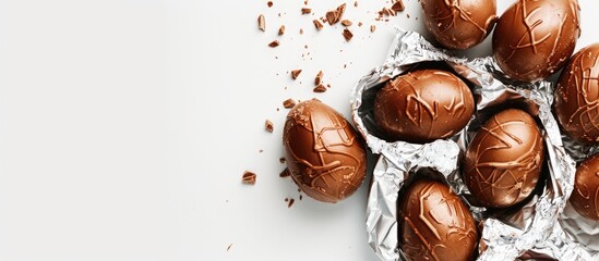 Chocolate eggs wrapped in foil on a white backdrop - Powered by Adobe