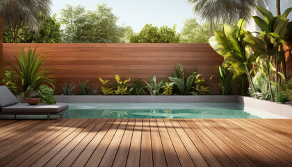 Fototapeta na wymiar Luxury swimming pool with wooden flooring in the villa
