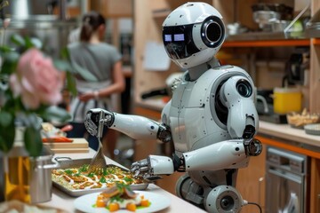 Autonomous robot chef preparing delicious meals in modern commercial kitchen - obrazy, fototapety, plakaty