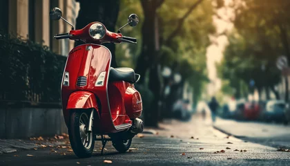 Fotobehang Scooter Red scooter in European street