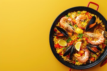 A Delicious Paella of Seafood and Rice on a Yellow Background
