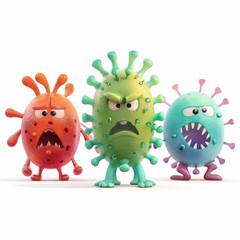 Adorable Red, Green, and Blue Microbes Characters Together, Isolated on White Background.