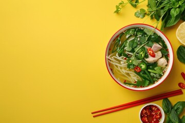 Bowl of Pho Noodle Soup With Chopsticks on Yellow Background