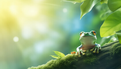 A green frog sits on a branch - Powered by Adobe