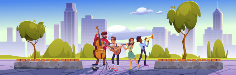 Street band performing in city park on summer day. Vector cartoon illustration of young musicians playing guitar, trumpet, contrabass, flute, singing song in microphone, modern cityscape background