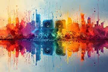 Vibrant cityscape with music speakers and colorful paint splashes