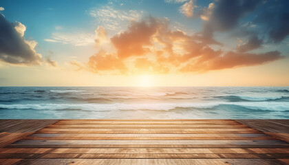 Beautiful sunset on the sea from the pier wooden - obrazy, fototapety, plakaty