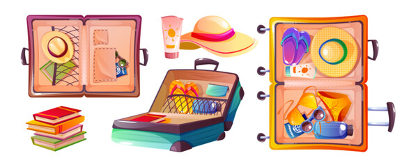 Open suitcase with summer travel and beach vacation female clothes, accessories and documents carefully folded and stacked inside. Cartoon vector set of side and top view on packed bag with luggage. - obrazy, fototapety, plakaty