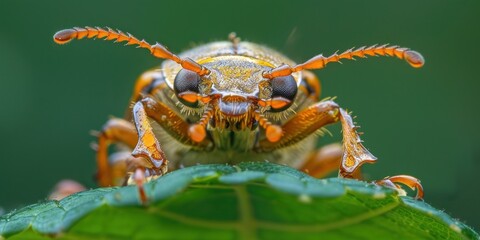 Fototapeta premium Orange Beetle on Leaf with Blurred Background, Close-up Insect Photography