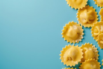 Yellow Pasta Shells on Blue Background. - Powered by Adobe