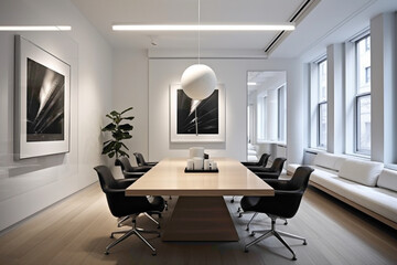 A chic and professional meeting space boasting sleek furnishings. The empty white frame on the wall offers an opportunity for customization or branding.