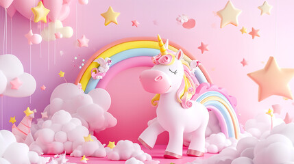 Craft an enchanting digital illustration capturing the beauty of a white horse galloping joyfully along a colorful rainbow, set against a backdrop of fluffy clouds, ideal for nursery wall art."
