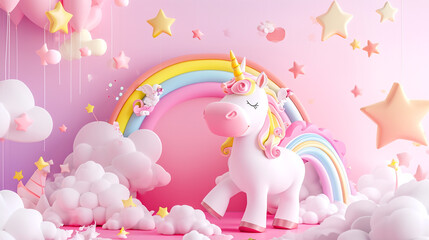 Craft an enchanting digital illustration capturing the beauty of a white horse galloping joyfully along a colorful rainbow, set against a backdrop of fluffy clouds, ideal for nursery wall art."