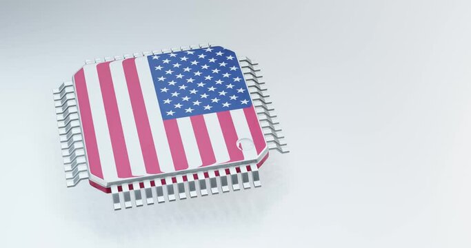  3d render of microchip or semiconductor chip in US flag, for computing.