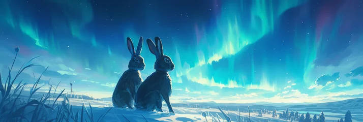 Fotobehang A pair of hares bounding through a snowy meadow under the aurora, night's ballet, luminous chase,  vibrant Color © NNT