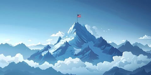 Majestic Mountain Peak with Triumphant Flag Planted at the Summit Symbolizing Accomplishment and Conquest of the Highest Challenges