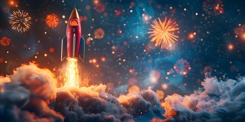 Rocket Blasting Off Amidst a Vibrant Sky of Fireworks Igniting Dreams and for the Future