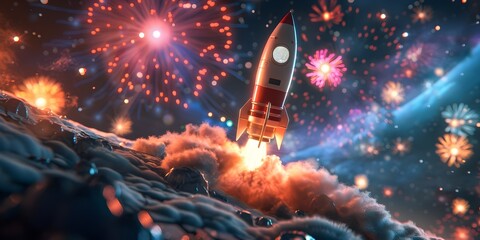 Rocket Blasting Through Vibrant Firework Filled Sky Launching Dreams into the Cosmos