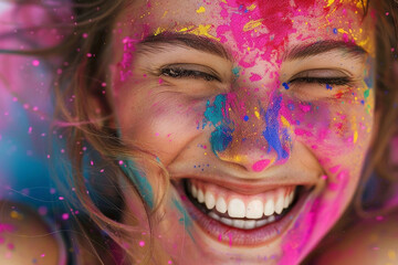 portrait happy smiling girl celebrating holi festival, colorful face, vibrant powder paint explosion, joyous festival