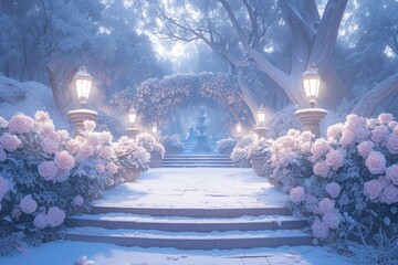 Frozen rose, garden, anime background, wallpaper - obrazy, fototapety, plakaty