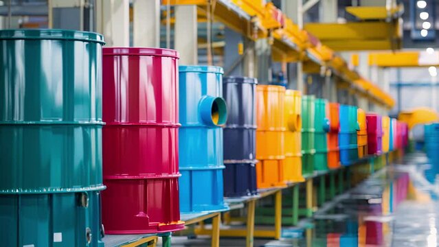 Paint booths filled with vibrant colors as machine parts are given a final coat before being shipped out to customers.