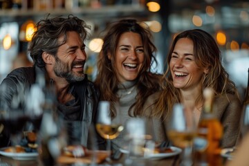 Three diverse friends enjoying a joyful moment at a cozy restaurant table, laughing and socializing