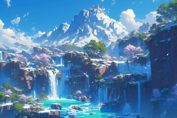 Anime waterfall background, winter, wallpaper
