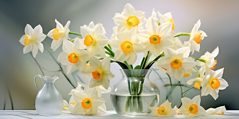 white and yellow daffodils in a vase flower decoration flower patterns blured background