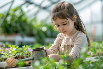 Girl joyfully watering vibrant plants in cozy greenhouse, feeling connected to nature on sunny day.