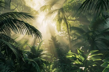 Sunlight filtering through dense foliage in a lush tropical jungle - obrazy, fototapety, plakaty