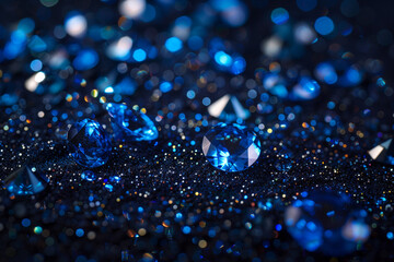 Brilliant blue diamonds on a black background with bokeh - obrazy, fototapety, plakaty