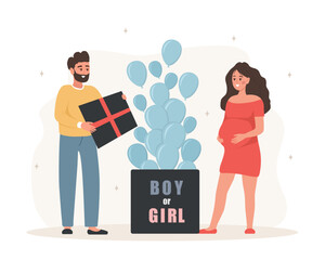 Gender reveal party. Its a boy. Couple opening surprise gift box with inscription Boy or girl. Family expecting unborn child. Blue balloons. Baby shower. Vector illustration in cartoon style.