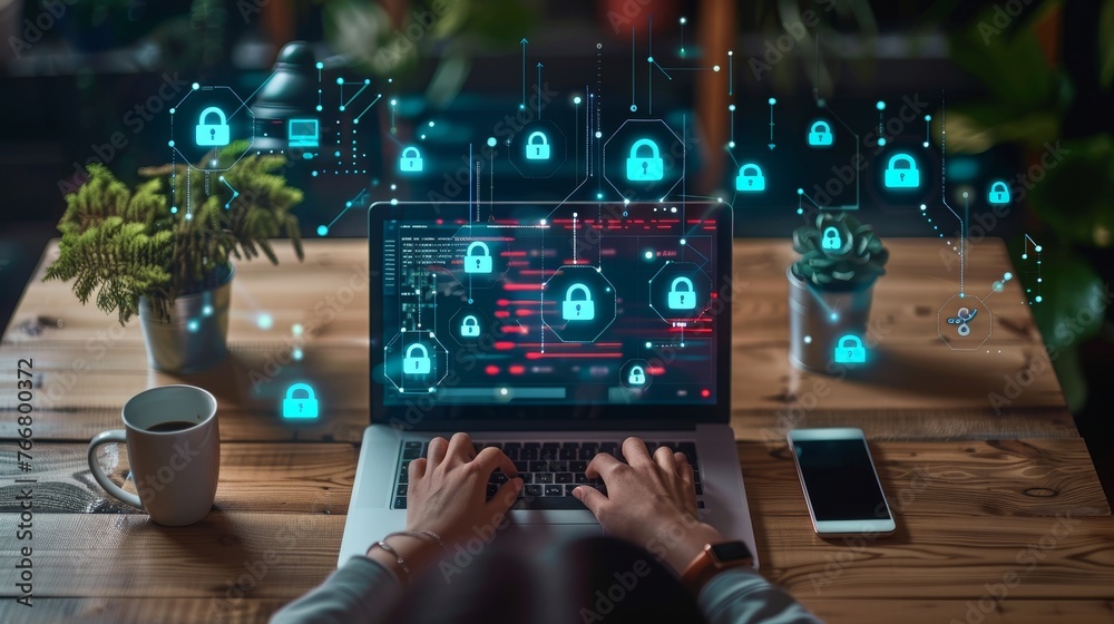 Aufkleber An overhead view of a person working on a laptop with security icons and padlock symbols on the screen,