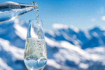 Bottle and glass of pouring crystal water against blurred nature snow mountain landscape background. Organic pure natural water. Healthy refreshing drink.