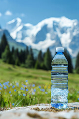 Bottle and glass of pouring crystal water against blurred nature snow mountain landscape background. Organic pure natural water. Healthy refreshing drink.