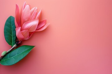 Pink Flower With Green Leaves on Pink Background