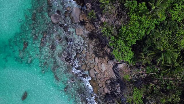 recreation paradise wave stones long beach turquoise water jungle. Marvelous aerial top view flight vertical bird's eye view drone
4k