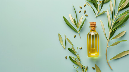 Olive oil in a glass bottle with green leaves and seeds on a blue background