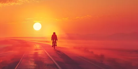 Photo sur Plexiglas Rouge Lone Cyclist Racing the Radiant Sunrise on an Empty Rural Road Through a Dramatic Landscape