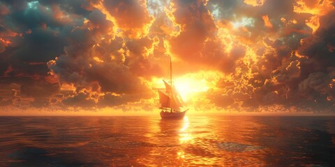 Majestic Boat Sailing into a Golden Sunset Voyage to Victory Across the Tranquil Seas