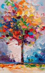 Fototapeta na wymiar Abstract oil painting of a tree with colorful leaves