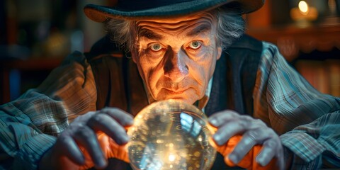 Enigmatic Fortune Teller Gazing Into Crystal Ball to Predict Economic Trends and Future Opportunities - obrazy, fototapety, plakaty