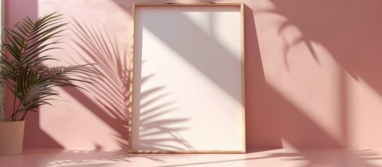 Close-up of a poster frame mockup on a pastel floor in a home interior with shadows.